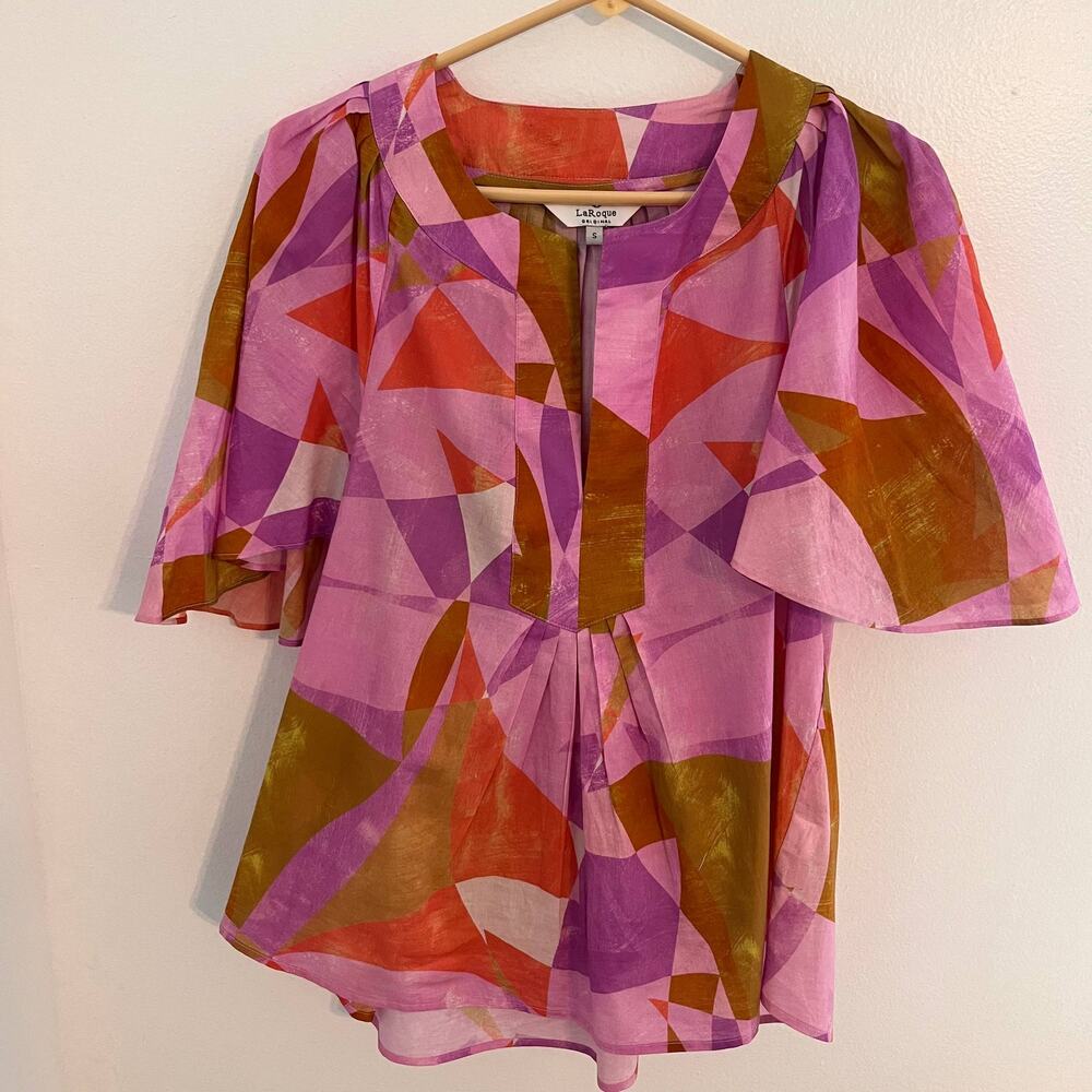 Laroque Blouse Womens Size Small Pink Purple Short Sleeves V-Neck